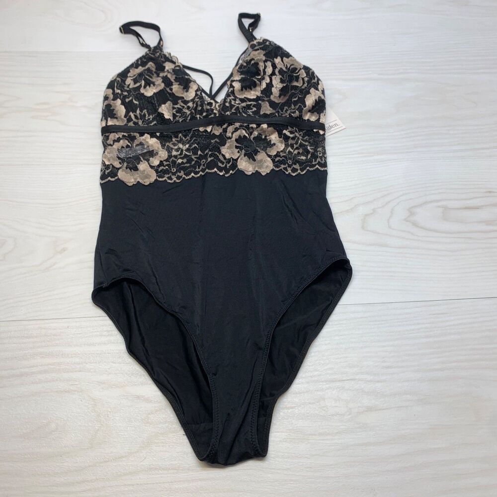 Auden Women's Size M Black Floral Lace Mesh Inset Bodysuit Lingerie